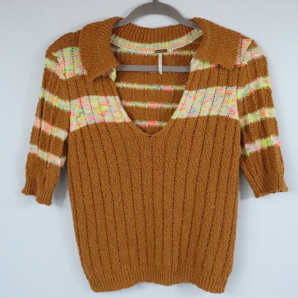 Free People Brown Striped Knit V-Neck Now and Then Henley Sweater Size Medium